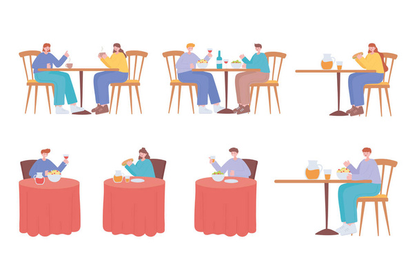 ресторан социальное дистанцирование, люди сидят на расстоянии друг от друга в месте питания, ковид 19 пандемия, профилактика коронавирусной инфекции
 - Вектор,изображение