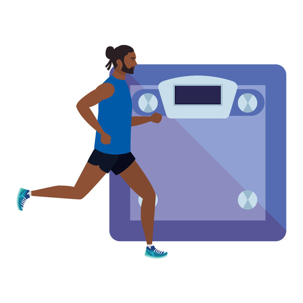 homem afro correndo com fundo balança de pesagem, atleta afro masculino com máquina de pesagem sobre fundo branco
 - Vetor, Imagem