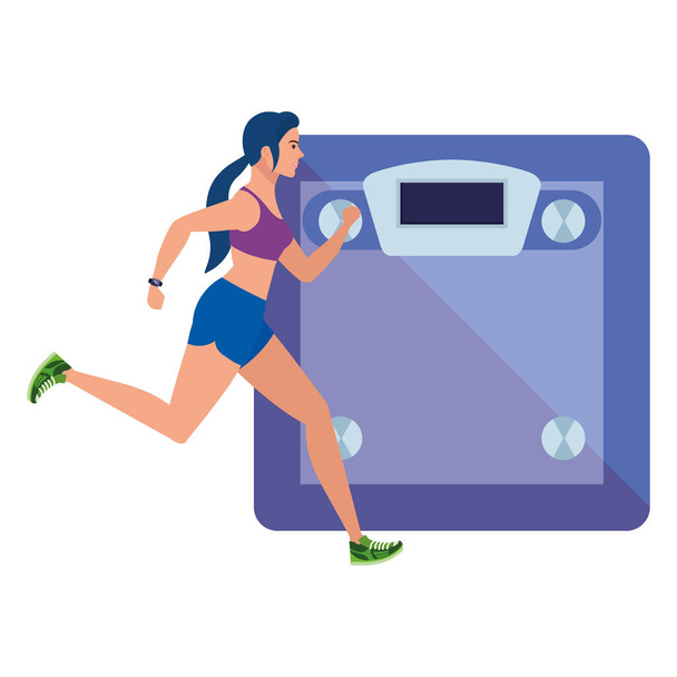 mulher correndo com fundo balança, atleta feminino com máquina de pesagem no fundo branco
 - Vetor, Imagem