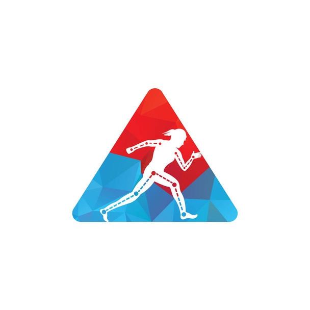 Kadın koşucuyla fizik tedavi üçgeni şekilli logo tasarım şablonu. Renkli vektör sağlığı. Fizyoterapi kliniği logosu. - Vektör, Görsel