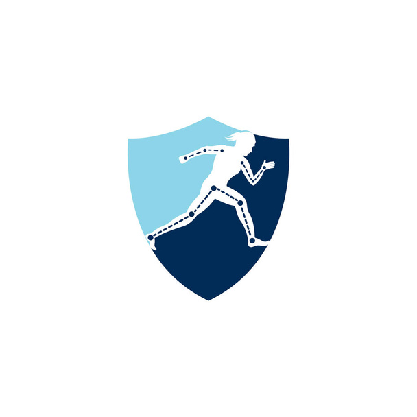 Fisioterapia tratamiento escudo forma concepto logotipo diseño plantilla vector con corredor femenino. Colorido vector de salud. Logo de la clínica de fisioterapia
. - Vector, Imagen