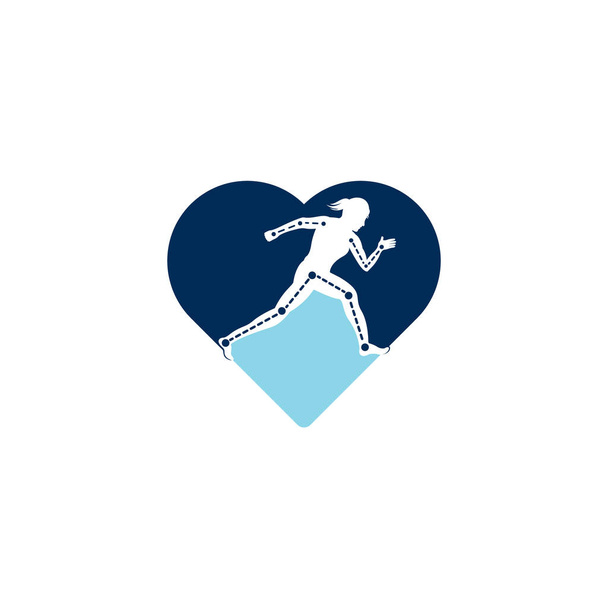 Kadın koşucuyla fizyoterapi tedavisi kalp şekli logo tasarım şablonu. Renkli vektör sağlığı. Fizyoterapi kliniği logosu. - Vektör, Görsel