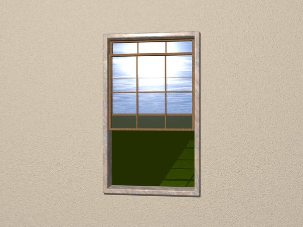 NAVAJO Beyaz Duvarı 'ndan açık kuşak penceresi bulutlu gökyüzü olan çimlerin dışını görüyor. sone çerçeve ve ahşap pencere 3D görüntüleme. Arizona ve desen - Fotoğraf, Görsel