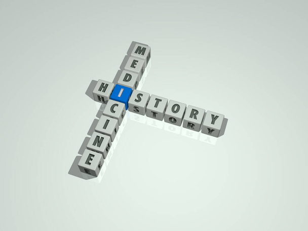 Kreuzworträtsel der Geschichtsmedizin, angeordnet durch kubische Buchstaben auf einem Spiegelboden, Begriffsbedeutung und Präsentation. Architektur und Antike - Foto, Bild