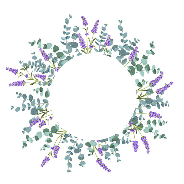 Eukaliptusz és levendula elemek design sablon. Egyszerű kialakítás keretes virágokkal. Gyógynövényvektor-keret - Vektor, kép