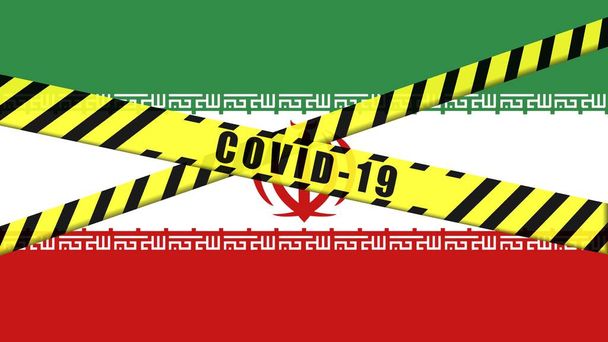 COVID-19 avviso Nastro nero e giallo sulla bandiera iraniana illustrazione, Coronavirus area pericolosa, Iran contenimento, paese in quarantena. - Foto, immagini