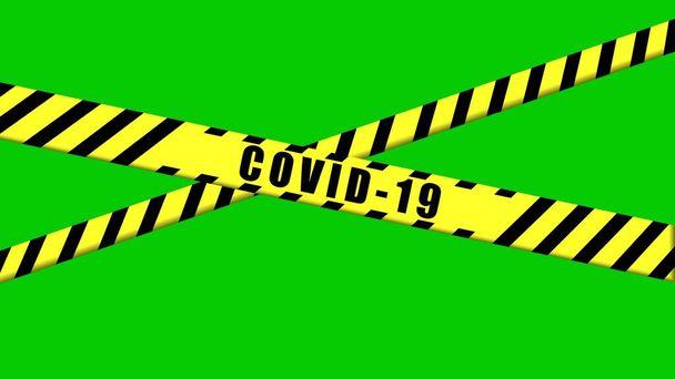 COVID-19 advertencia Cinta negra y amarilla sobre fondo verde aislado, área de peligro de Coronavirus, cordón policial para prohibir la entrada ilegal para la seguridad de la vida, croma key, composición
. - Foto, imagen