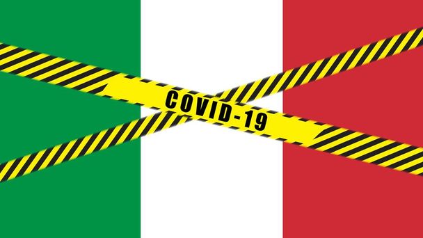 COVID-19 advertencia Cinta negra y amarilla en la ilustración de la BANDERA ITALIA, zona de peligro de Coronavirus, contención italiana, país en cuarentena
. - Foto, imagen