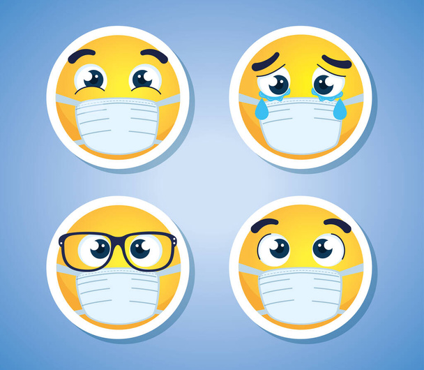set emojis wearing medical mask, faces emojis wearing surgical mask icons - Vector, Image