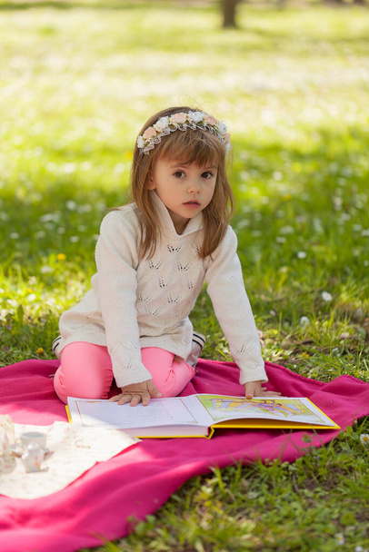 dziewczyna z książką na trawie - Zdjęcie, obraz