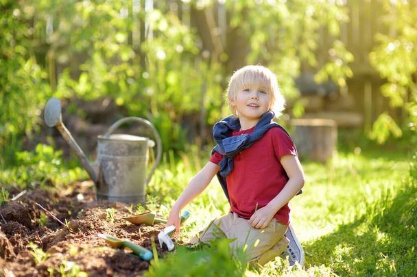 Preschooler boy digging shovel in backyard on summer sunny day. Little gardener. Seasonal working in garden. Gardening. - Fotó, kép