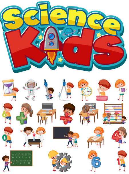 Science kids logo and set of children with education objects isolated illustration - Vector, Image
