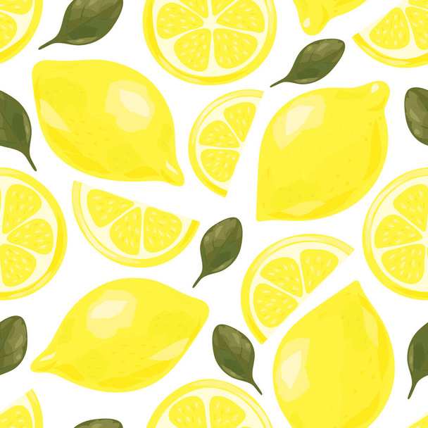 Juicy fresh lemons. Fruit Slices. Summer seamless pattern. Vector illustration isolated on white background. - Vector, Image