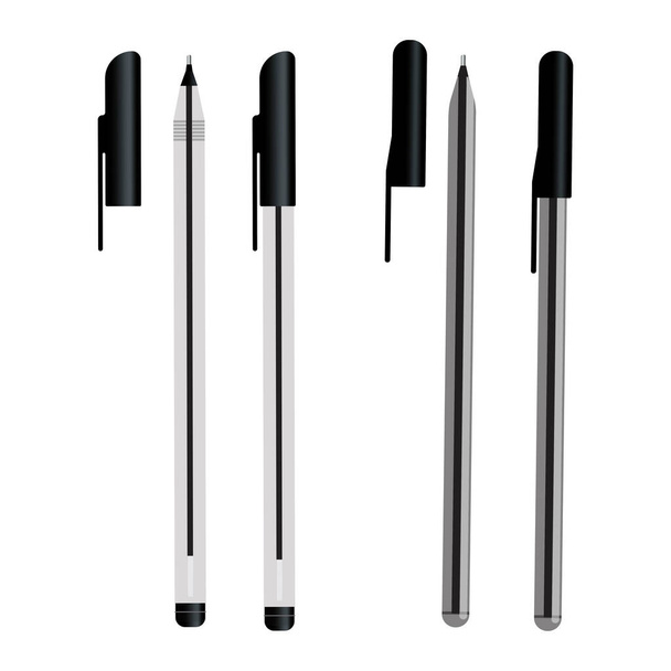 Set of black ballpoint pens. Plastic handles with caps. Vector image. Stock Photo. - Vector, Imagen