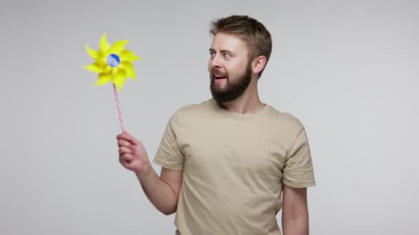 Happy young bearded guy playing with origami pinwheel, blowing toy windmill and laughing carefree, looking at camera with childish smile, having fun. indoor studio shot isolated on gray background - Video