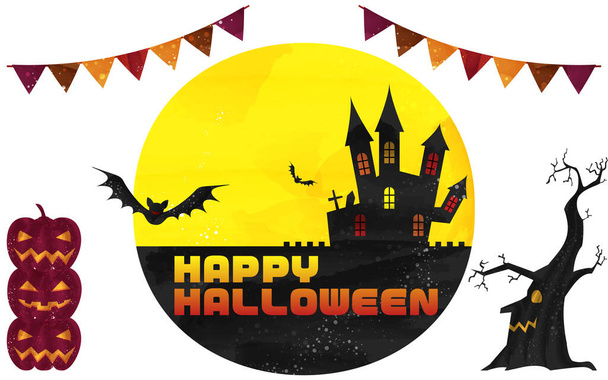 Halloween castle and moonlit night illustration, watercolor style grung - Vector, Image