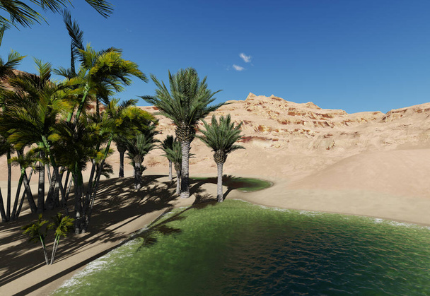 3Dレンダリング-砂漠のオアシス - 写真・画像