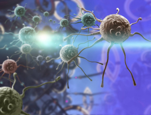 Cyfrowa ilustracja 3D komórek nowotworowych w organizmie człowieka - Zdjęcie, obraz