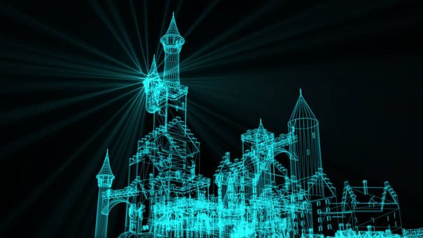 3d rendering - wire frame model of castle with blue light ra - Photo, Image
