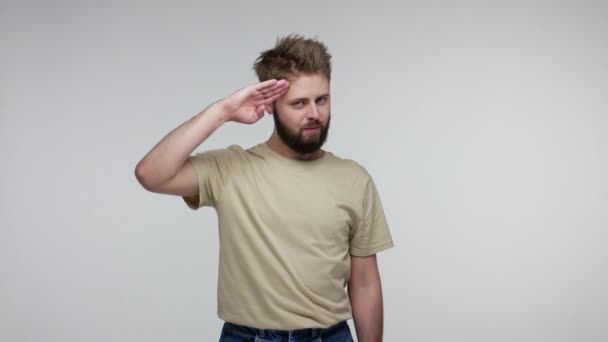 Yes sir! Bearded guy in t-short giving salute as soldier, looking at camera listening order with responsible confident expression, following discipline obeying. studio shot isolated on gray background - Záběry, video