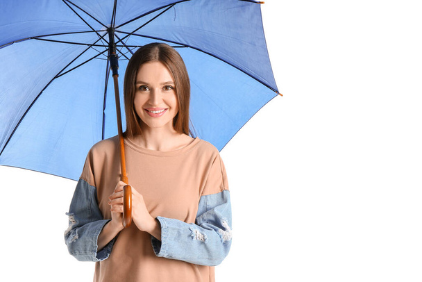 Beautiful woman with umbrella on white background - Photo, Image