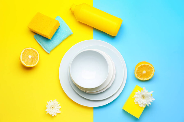 Composition with clean dishes on color background - Photo, Image