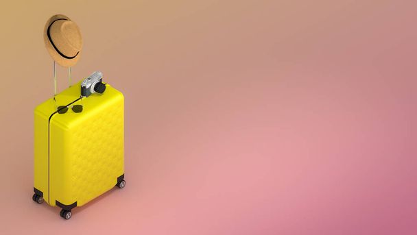 Valise jaune avec chapeau et lunettes de soleil, appareil photo sur fond pastel., concept de voyage., illustration 3D. - Photo, image