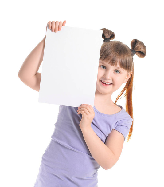 Little girl with blank card on white background - Photo, image