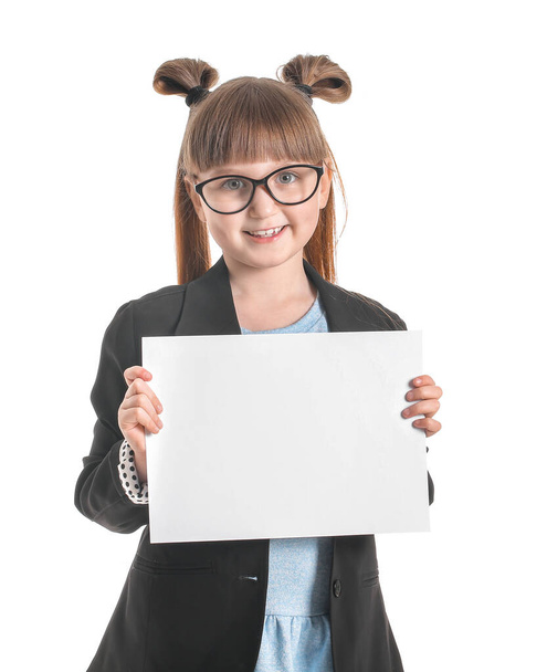 Little girl with blank card on white background - Фото, зображення