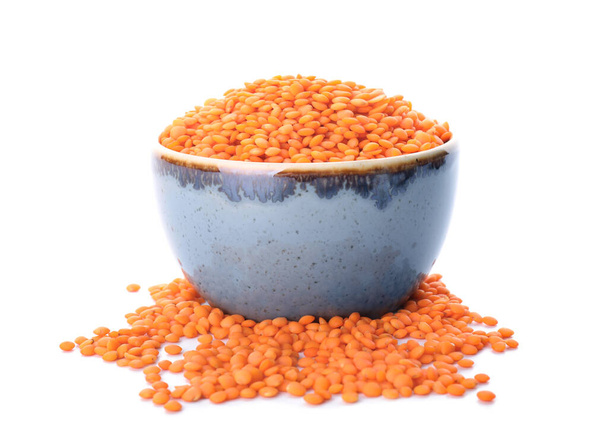 Bowl with red lentils on white background - Photo, Image