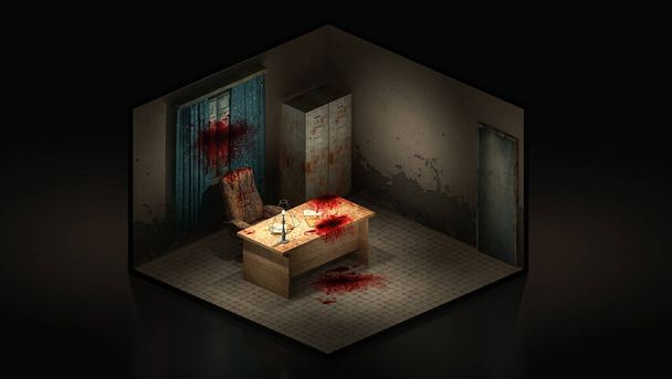 Horror y espeluznante sala de trabajo en el hospital con sangre. Ilustración 3d Isomátrico
. - Foto, imagen