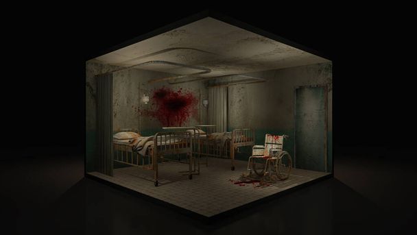 Horror und gruseliges Stationszimmer im Krankenhaus mit blutverschmiertem Rollstuhl. 3D-Illustration. - Foto, Bild