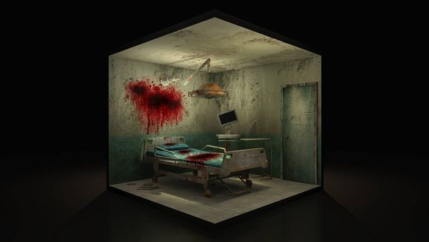 Φρίκη και ανατριχιαστικό εγκαταλελειμμένο χειρουργείο στο νοσοκομείο με αίμα. 3D εικονογράφηση. - Φωτογραφία, εικόνα