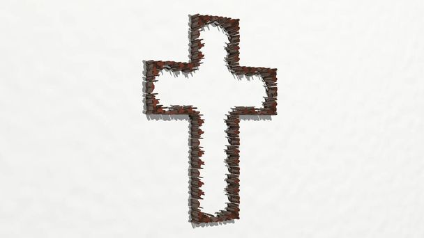 Christliches Kreuz an der Wand. 3D-Illustration einer metallischen Skulptur auf weißem Hintergrund mit milder Textur. Kirche und Architektur - Foto, Bild