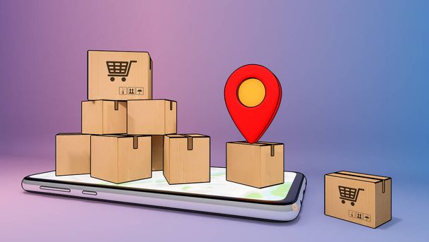 Κινητό τηλέφωνο με πολλά χάρτινα κουτιά και κόκκινες ακίδες., Online mobile application order transportation service and Shopping online and Delivery concept., 3D rendering. - Φωτογραφία, εικόνα