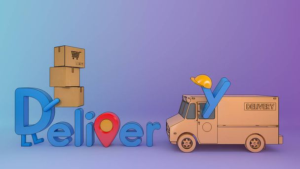 Шрифт доставки персонажа мультфильма с фургоном грузовика и много коробки посылки., Онлайн мобильное приложение заказ транспортного сервиса, 3D рендеринг
. - Фото, изображение
