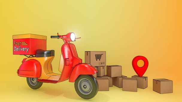 Sok csomag doboz robogóval., koncepció a gyors szállítási szolgáltatás és az Online Shopping., 3D illusztráció tárgy vágási útvonal. - Fotó, kép