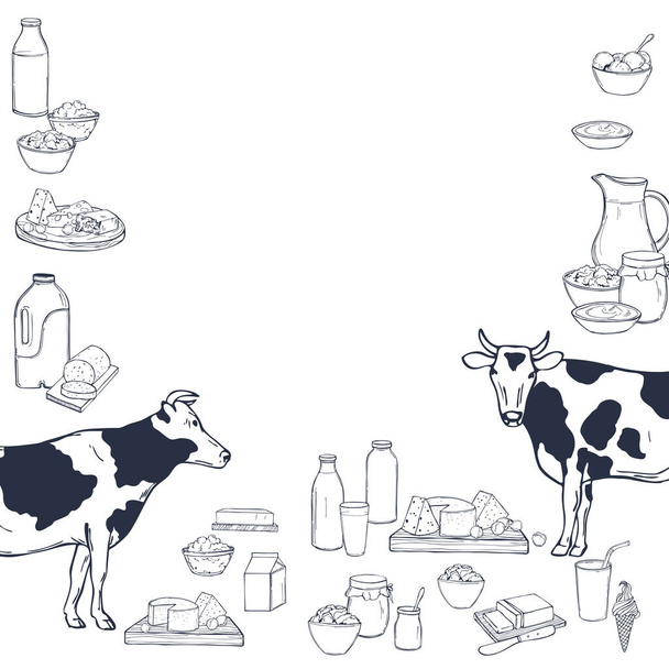  ミルク食品。バター、チーズ、サワークリーム、ヨーグルト、クリーム。ベクトル背景. - ベクター画像