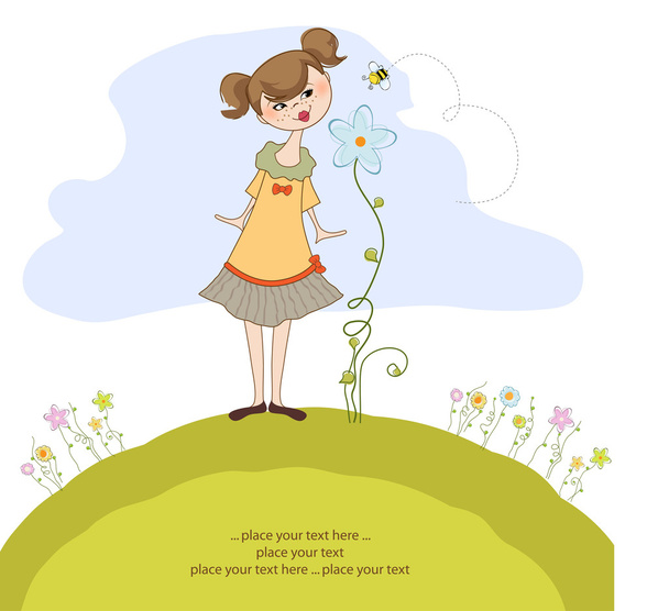 Lady smells a flower - Vector, Image