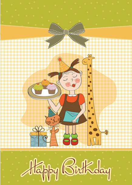 Happy Birthday card with funny girl, animals and cupcakes - Vector, Image