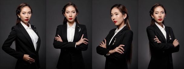 Kolaj grubunun portresi 20 'li yaşlarda Asyalı iş kadını resmi siyah takım elbise, stüdyo koyu arkaplan aydınlatma, kadın model birçok rol yapıyor, yönetici profili olarak çapraz silahlar. - Fotoğraf, Görsel