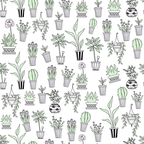 Template. Seamless pattern of indoor plants in pots on a white background. Flowers, tulips, cactus and seedlings in geometric vases. The concept of home, garden, interior and design. Vector - Vector, Image