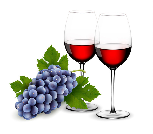 Two glasses of red wine with grapes. Vector. - Vector, afbeelding
