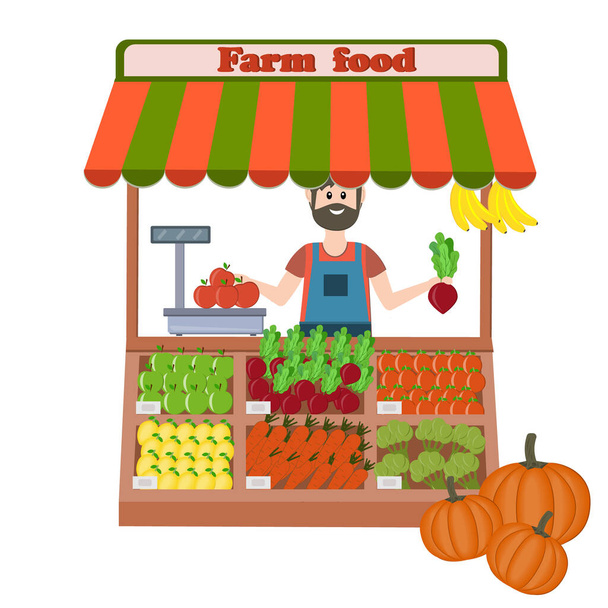 farm organic food store fruits and vegetables with a male seller, color vector illustration in flat style, design, decoration - Vector, Image