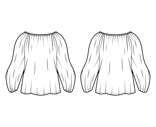 Ilustración técnica de la moda de la camisa con el cuerpo sobredimensionado, sujeciones ocultas del botón a lo largo del frente, volantes delicados
 - Vector, imagen