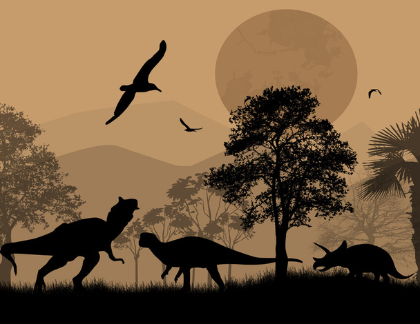 Dinossauros silhuetas em bela paisagem
 - Vetor, Imagem