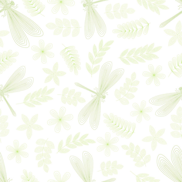 Dragonfly, leaves, flowers, twigs seamless pattern. Hand drawn doodle. Vector illustration on a white background. For fabrics, wrapping paper. - Vector, Imagen