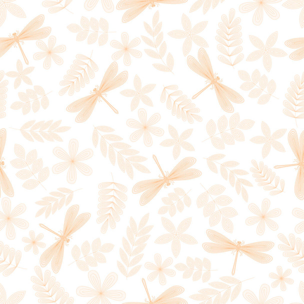 Dragonfly, leaves, flowers, twigs seamless pattern. Hand drawn doodle. Vector illustration on a white background. For fabrics, wrapping paper. - Vector, imagen