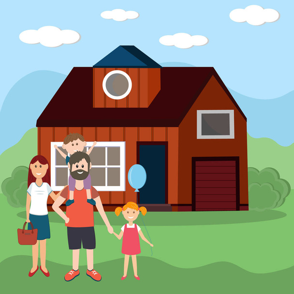 família de quatro pais e filhos no fundo de uma nova casa comprada, ilustração vetorial de cor em estilo plano, design, decoração
 - Vetor, Imagem