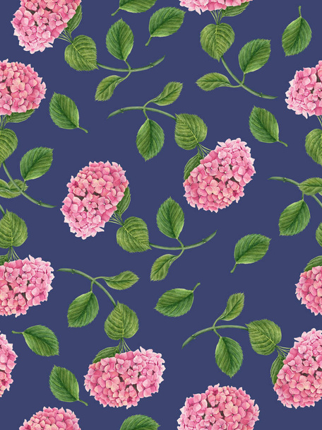 Patrón floral sin costuras con flor de hortensia con hojas verdes. Ilustración botánica en acuarela sobre fondo azul oscuro
 - Foto, imagen